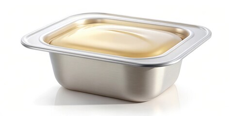 A single serving of creamy, pale yellow spread in a metallic rectangular container, isolated on a bright white background.