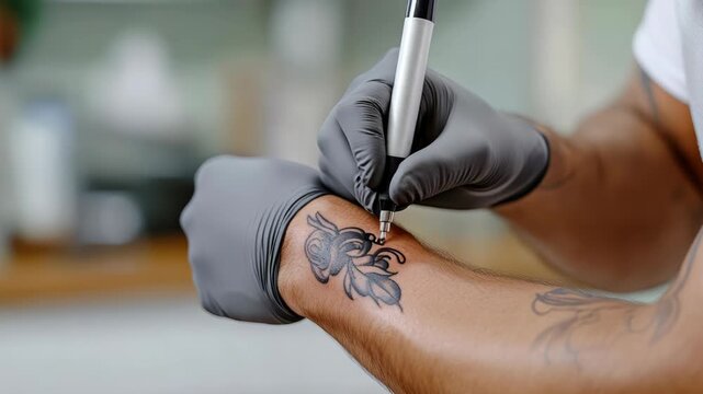 Close up of a professional tattoo artist wearing blue gloves, carefully inking a detailed wing design on a client's arm with a modern tattoo machine inside a brightly lit studio