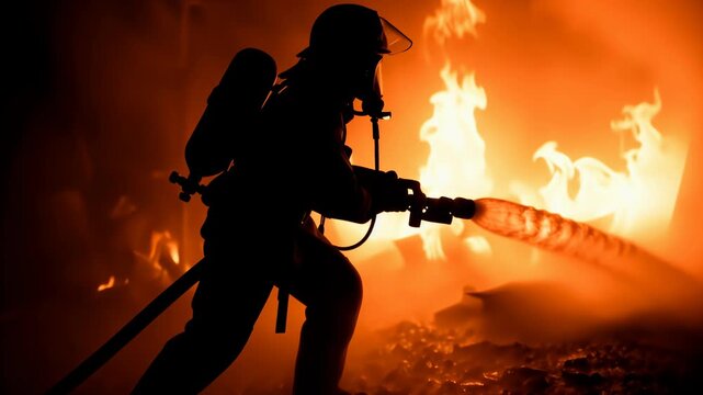 Firefighter silhouette hero extinguishing fire with high pressure water hose equipment. Professional rescue night action and brave fireman job.