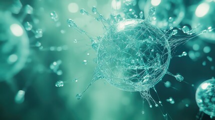 Microscopic transparent sphere featuring intricate branching connections and small droplets. Symbolizing molecular structures. Scientific research. And advanced technology in a teal toned environment