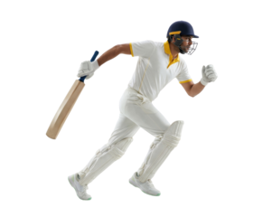 Cricket batsman running between wickets in full gear isolated on white
