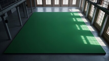 Spacious Empty Green Platform in Bright Modern Industrial Building with Sunlight and Geometric Shadows