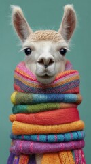 Fototapeta premium Llama wearing colorful scarves standing against a green background during daylight