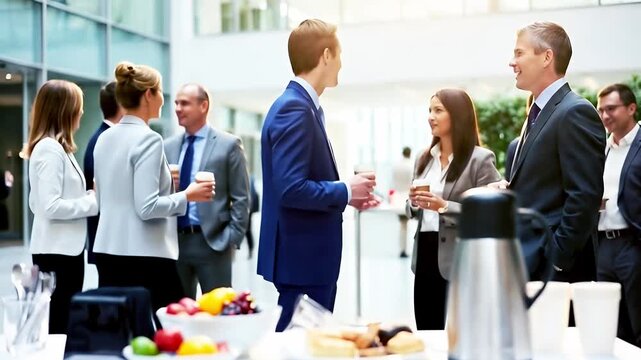 Corporate business people group networking and talking during a conference meeting event. Professional team discussion activity in a modern office background.