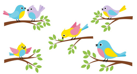 Fototapeta premium Whimsical Colorful Cartoon Birds Perching on Tree Branches Happy Spring Nature Illustration for Kids Education