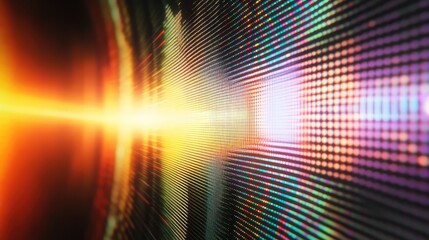 Digital screen display showing spectrum analyzer bars and data visualization with vibrant colorful pixels, creating an abstract background for technology and communication concepts