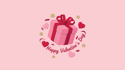 Floating gift box surrounded by hearts and stars on pastel pink background with happy valentine's day text
