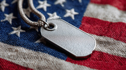 Military Dog Tags on American Flag Background, Patriotism Concept