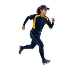 Female baseball player running in uniform isolated on white background