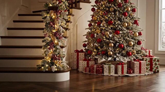 Festively Decorated Christmas Tree with Wrapped Gift Boxes at the Base Near
