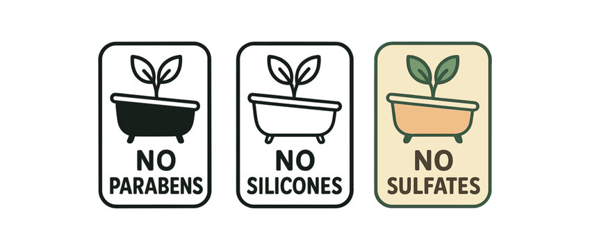 Flat vector illustration bathroom eco labels with text no parabens no silicones no sulfates