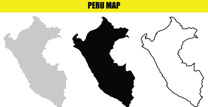 Peru Vector Map Set Stylized Geographic Outline, Solid Silhouette, and Halftone Dotted Pattern EPS 10
