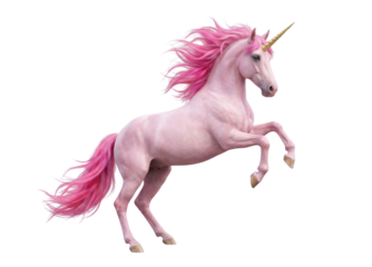 Pink unicorn rearing on hind legs isolated on white background