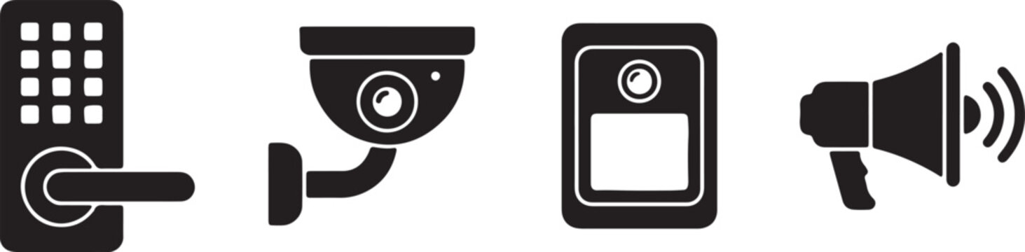 Black Icons Of Door Lock Security Camera Intercom And Megaphone keypad lock handle