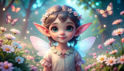 baby elf with tiny pointed ears, big sparkling eyes, soft pastel colors