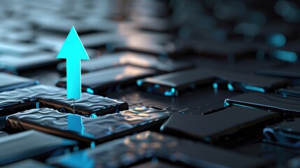 Abstract Digital Background Featuring Futuristic Black Tiles and a Bright Blue Arrow Pointing Upwards for Technology Concepts