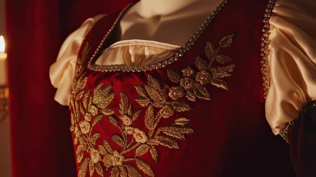 Rococo Red Brocade Dress Closeup
