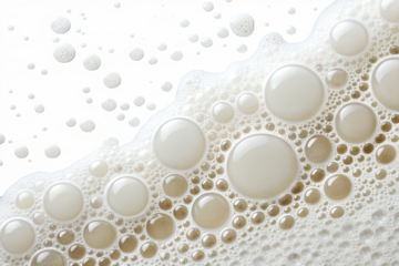 An abstract view of white foam bubbles with diverse sizes floats, perfectly isolated on a dark transparent background for various uses.