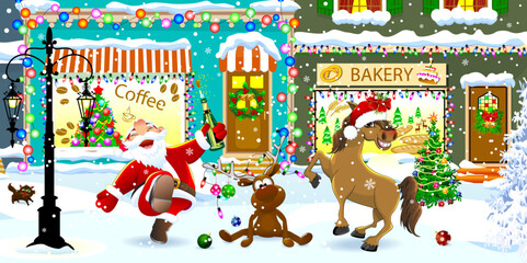 A cheerful Santa, horse, and reindeer on Christmas Eve © Oleg Lytvynenko