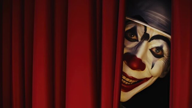 Evil Clown Peers Behind Red Curtain