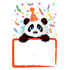 Cute cartoon panda wearing a party hat peeking over a blank white sign with colorful confetti and streamers, space for text on birthday greeting card template © Design6300