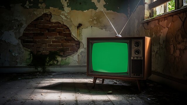 Vintage Television with Green Screen in Abandoned Decaying Room with Dramatic Light