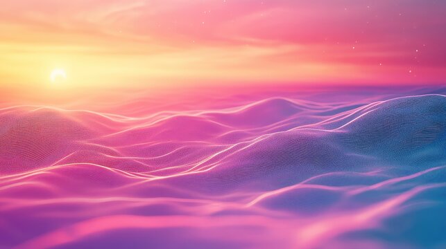 Abstract digital landscape showing undulating dot waves and a smooth gradient sky shifting from warm yellow to cool blue, representing data visualization or a futuristic network connection - Powered by Adobe