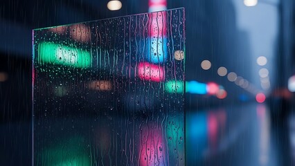 Rainy Glass Panel with Streaking Water and Blurred Colorful Urban City Lights at Night