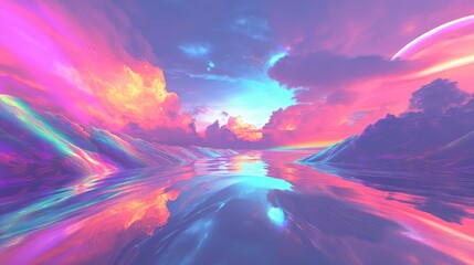 Surreal landscape presenting glowing clouds over a calm, reflective water surface, with iridescent terrain and a luminous cosmic object in the pastel toned sky, creating an ethereal dreamscape