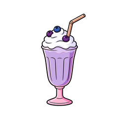 Purple Blueberry Milkshake Illustration: Sweet Dairy Drink in a Tall Glass with Whipped Cream and Berries, Dessert and Refreshment.