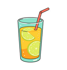 Orange Soda or Juice in Glass Illustration: Refreshing Summer Drink with Lime Slices and Straw, Tropical Citrus Beverage and Cocktail.