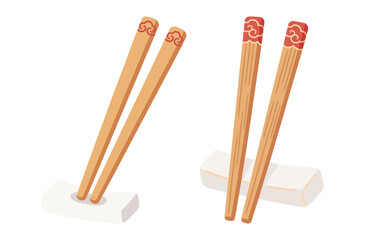 Wooden Chopsticks on Rest Icon Set: Simple Asian Eating Utensils with Decorative Detail, Traditional Tableware for Chinese or Japanese Cuisine.