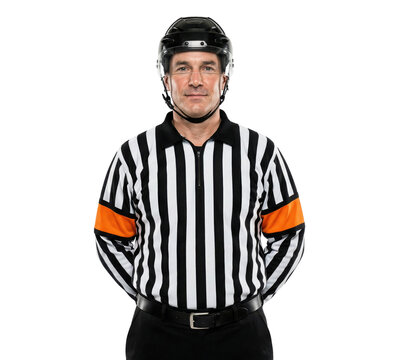 Ice hockey referee in striped uniform wearing helmet on white background
