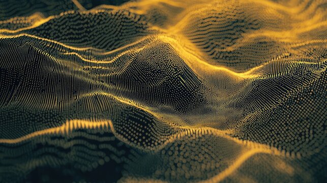 Abstract network of glowing gold particles creating a dynamic waveform surface, representing digital data flow, big data visualization, and technological connections - Powered by Adobe
