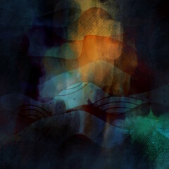 Abstract dark mysterious background with colorful flowing watercolor layers and grunge texture effect