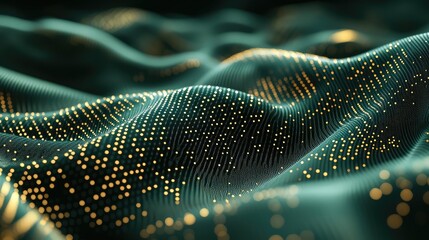 Abstract background showing interconnected glowing particles forming dynamic waves, representing digital data, information flow, and advanced technological concepts