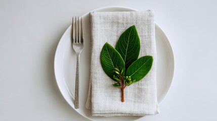 Elegant Table Setting with Green Leaves on White Plate