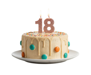 18th birthday cake with candles and colorful sprinkles isolated on white