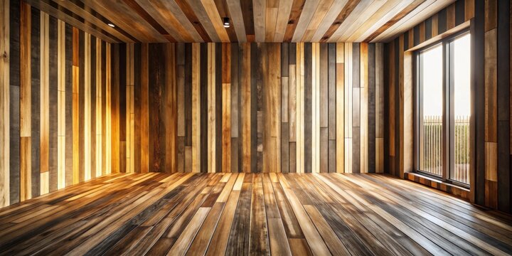 Empty room with rustic wood wall and floor, featuring a large window