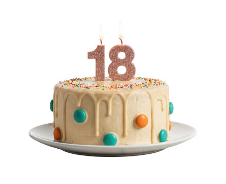 18th birthday cake with candles and colorful sprinkles isolated on white