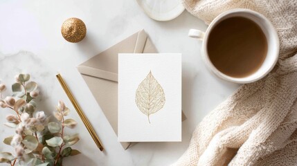 Elegant Botanical Greeting Card Mockup with Coffee and Neutral Stationery