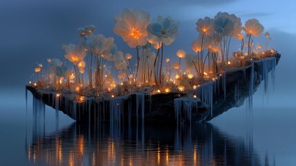 Floating garden with glowing flowers and icy decorations during twilight on a calm water surface