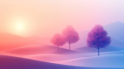 Abstract landscape artwork featuring a gradient sky with a setting sun, smooth rolling hills, and stylized bare trees transitioning from pink to blue and purple hues creating a serene atmosphere