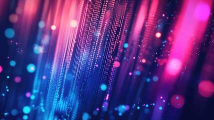 Abstract background displaying fast flowing digital data with luminous bokeh particles creating a vibrant, dynamic visual representation of technology and connectivity