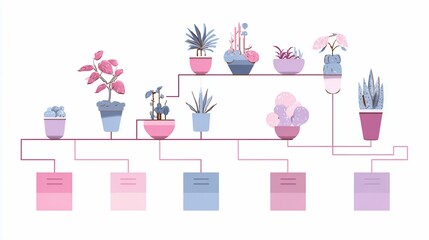 Pink, blue, & purple plants in pots connected by lines over colored boxes