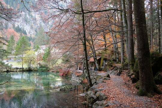 Beautiful crystal clear water at best-know Blausee lake in Kandersteg, Switzerland during autumn season