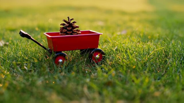 Red Toy Wagon On Sunlit Lawn