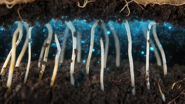 Time-lapse of seeds germinating underground with magical blue particles. Close-up side view of white sprouts growing rapidly in dark soil, 4k.
