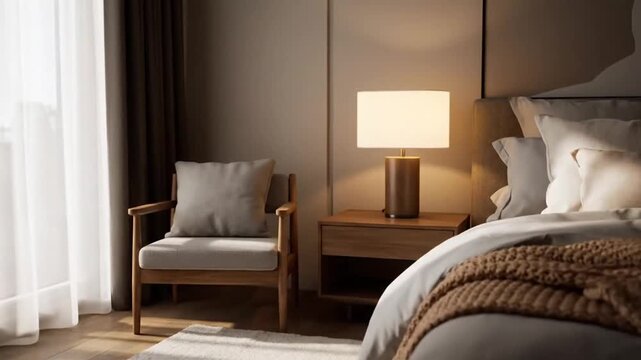 Cozy bedroom with warm lighting and modern decor creating a relaxing atmosphere