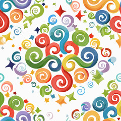 Fototapeta premium Vibrant Colorful Swirls and Stars Pattern on White Background Joyful Festive Abstract Design with Red Orange Yellow Green Blue Spirals and Geometric Shapes